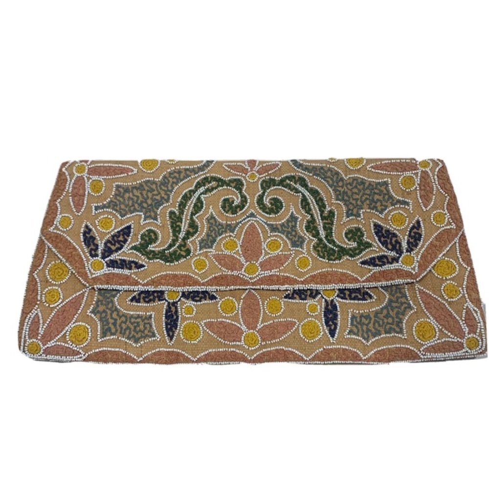 HENRY A LA PENSEE FRENCH HAND BEADED TAPESTRY HAND CLUTCH PURSE FRANCE.